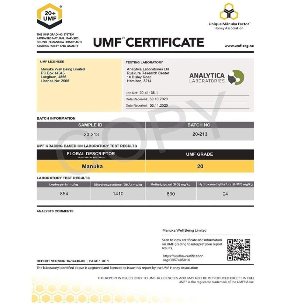 MANUKA WELLBEING Premium Manuka Honey, New Zealand Finest  - UMF 20+, MGO 850+, 300g