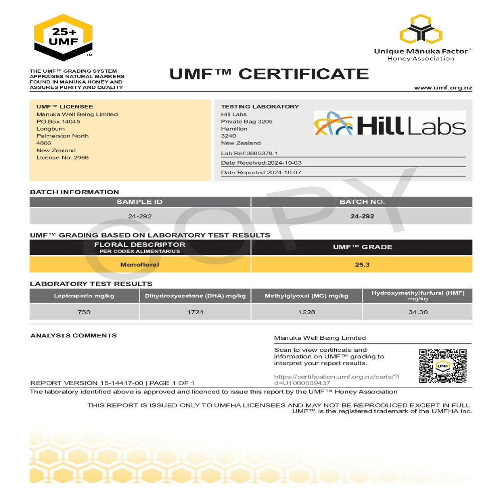MANUKA WELLBEING, Premium Manuka Honey, New Zealand Finest - UMF 25+, MGO 1200+, 300g