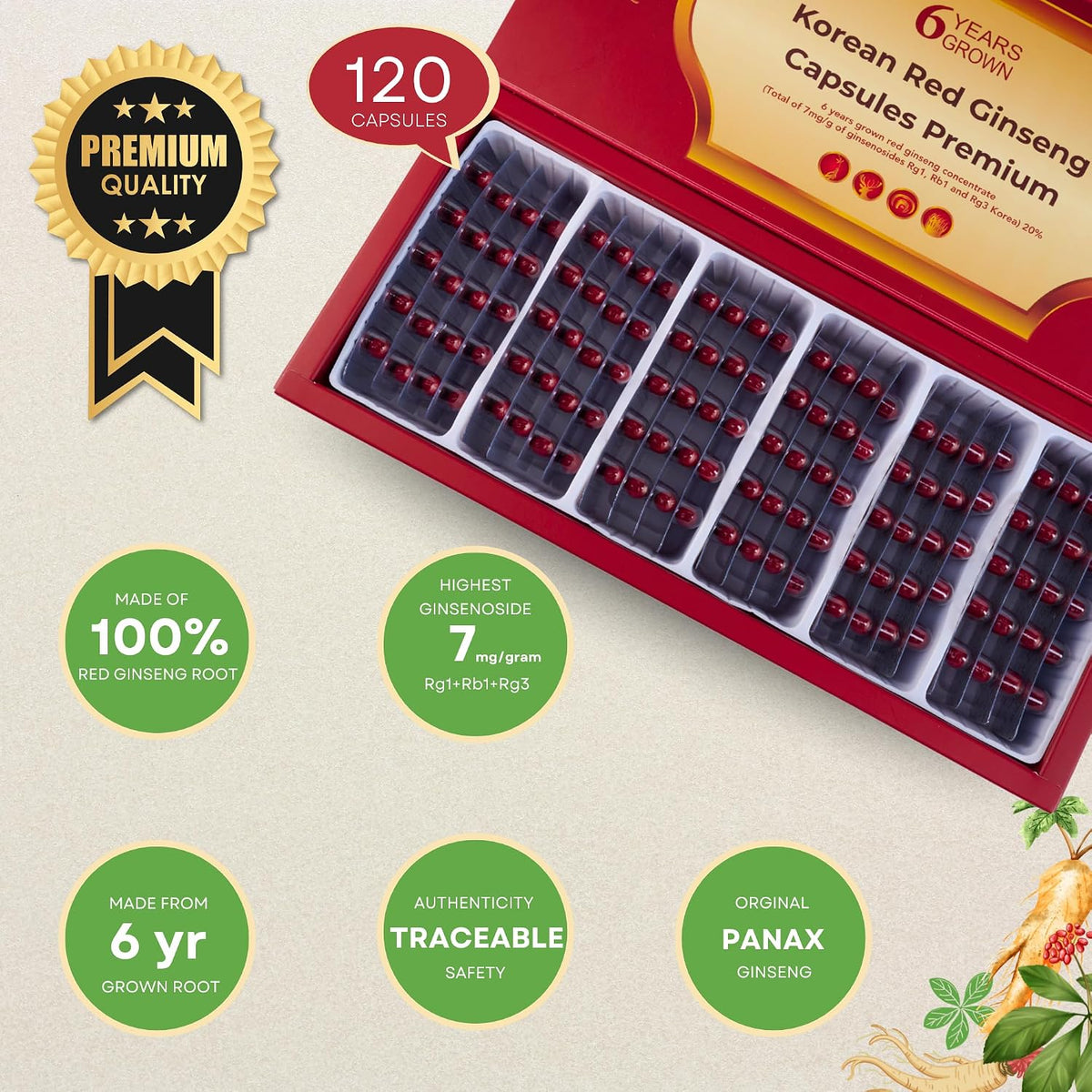Korean Red Ginseng Capsules Premium - Caffeine Free, Gluten Free, 830mg x 120 Capsules . Made in Korea