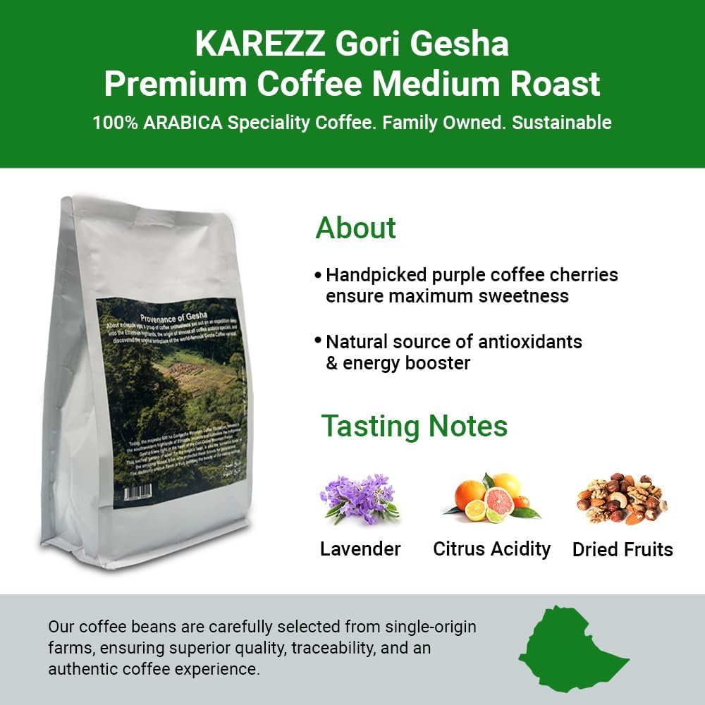Karezz Gori Geisha Coffee Whole Beans, Single-Origin 100% Arabica, Medium Roast Specialty Coffee from Ethiopia, 250g | Roasted: 23 August 2026