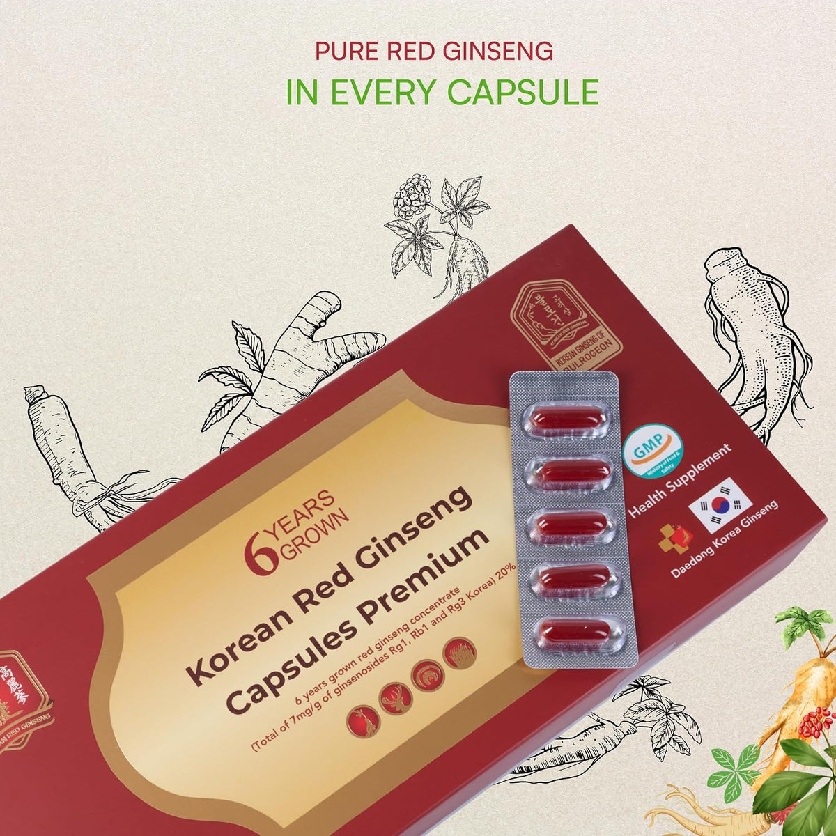Korean Red Ginseng Capsules Premium - Caffeine Free, Gluten Free, 830mg x 120 Capsules . Made in Korea
