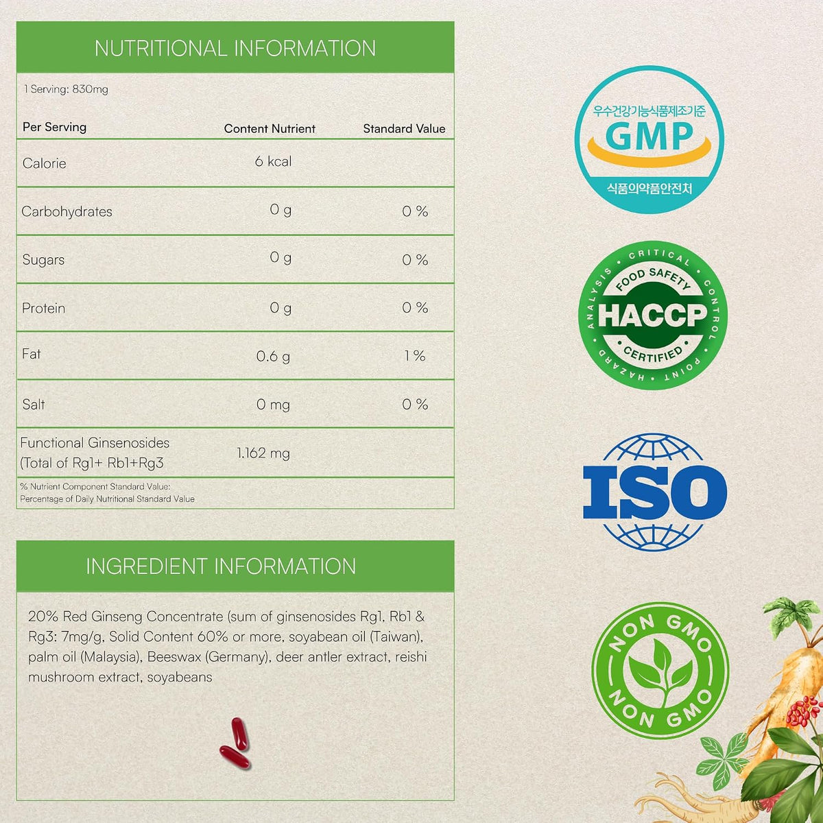 Korean Red Ginseng Capsules Premium - Caffeine Free, Gluten Free, 830mg x 120 Capsules . Made in Korea