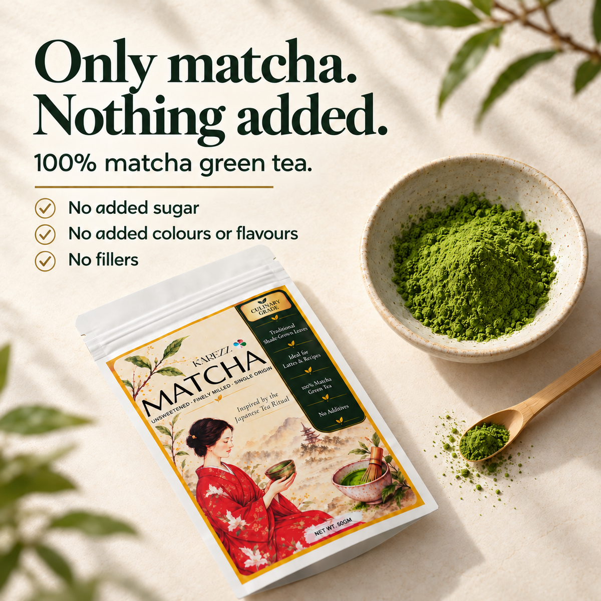 KAREZZ , Matcha Green Tea Powder, Eurofins Tested, Culinary AAA Grade, 50 g