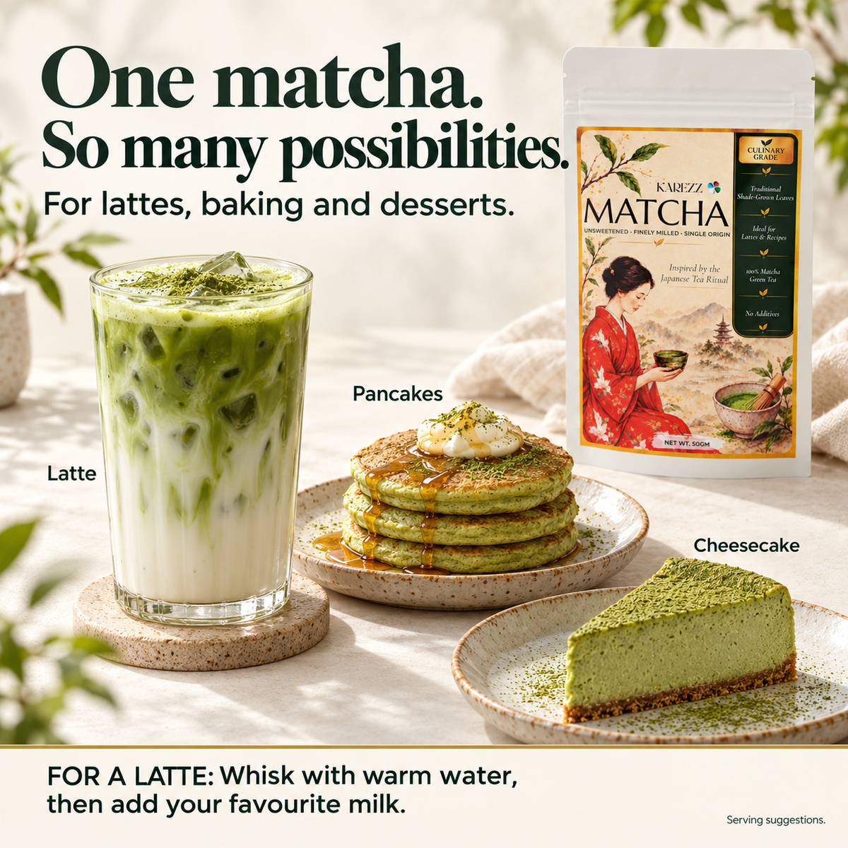 KAREZZ , Matcha Green Tea Powder, Eurofins Tested, Culinary AAA Grade, 50 g