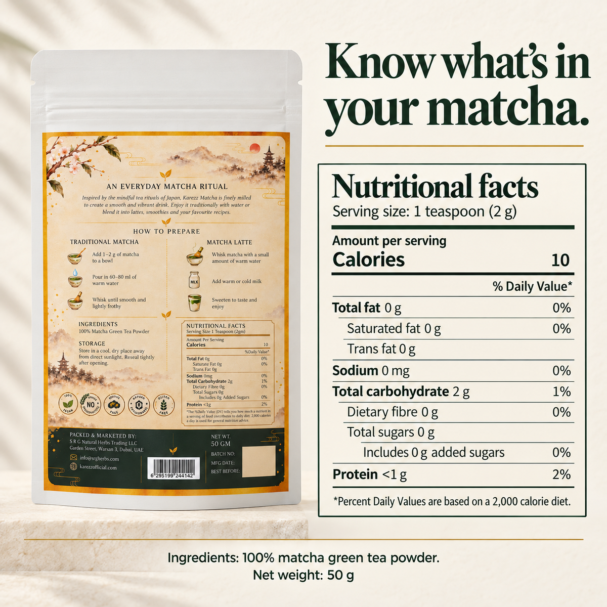 KAREZZ , Matcha Green Tea Powder, Eurofins Tested, Culinary AAA Grade, 50 g