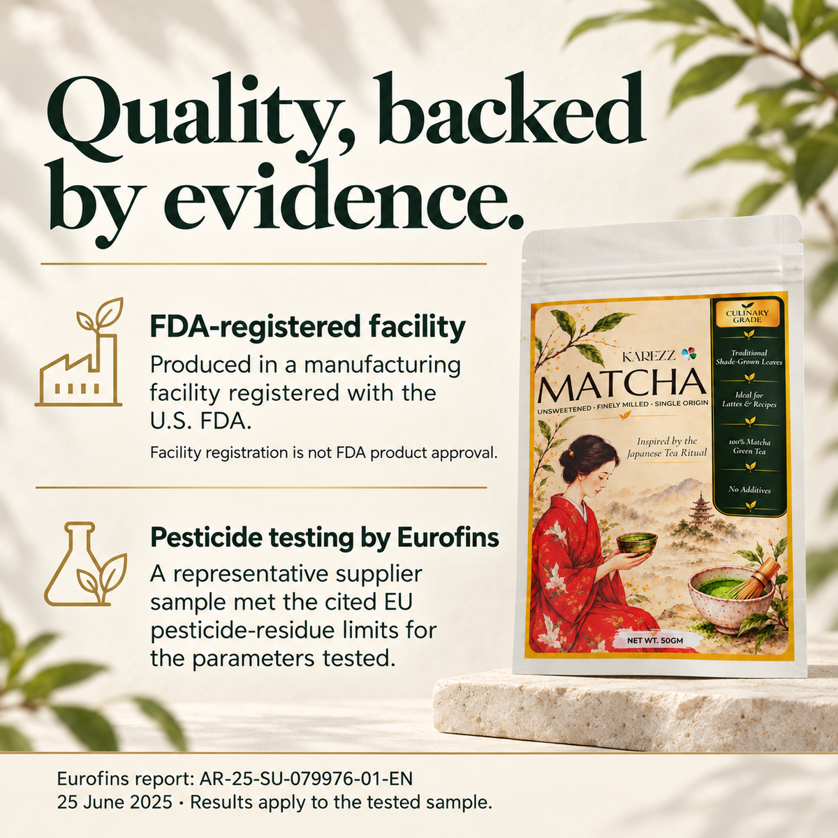 KAREZZ , Matcha Green Tea Powder, Eurofins Tested, Culinary AAA Grade, 50 g