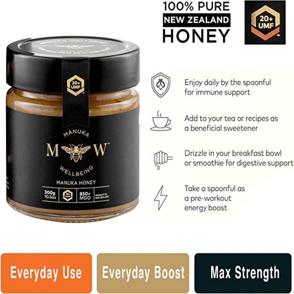 MANUKA WELLBEING Premium Manuka Honey, New Zealand Finest  - UMF 20+, MGO 850+, 300g
